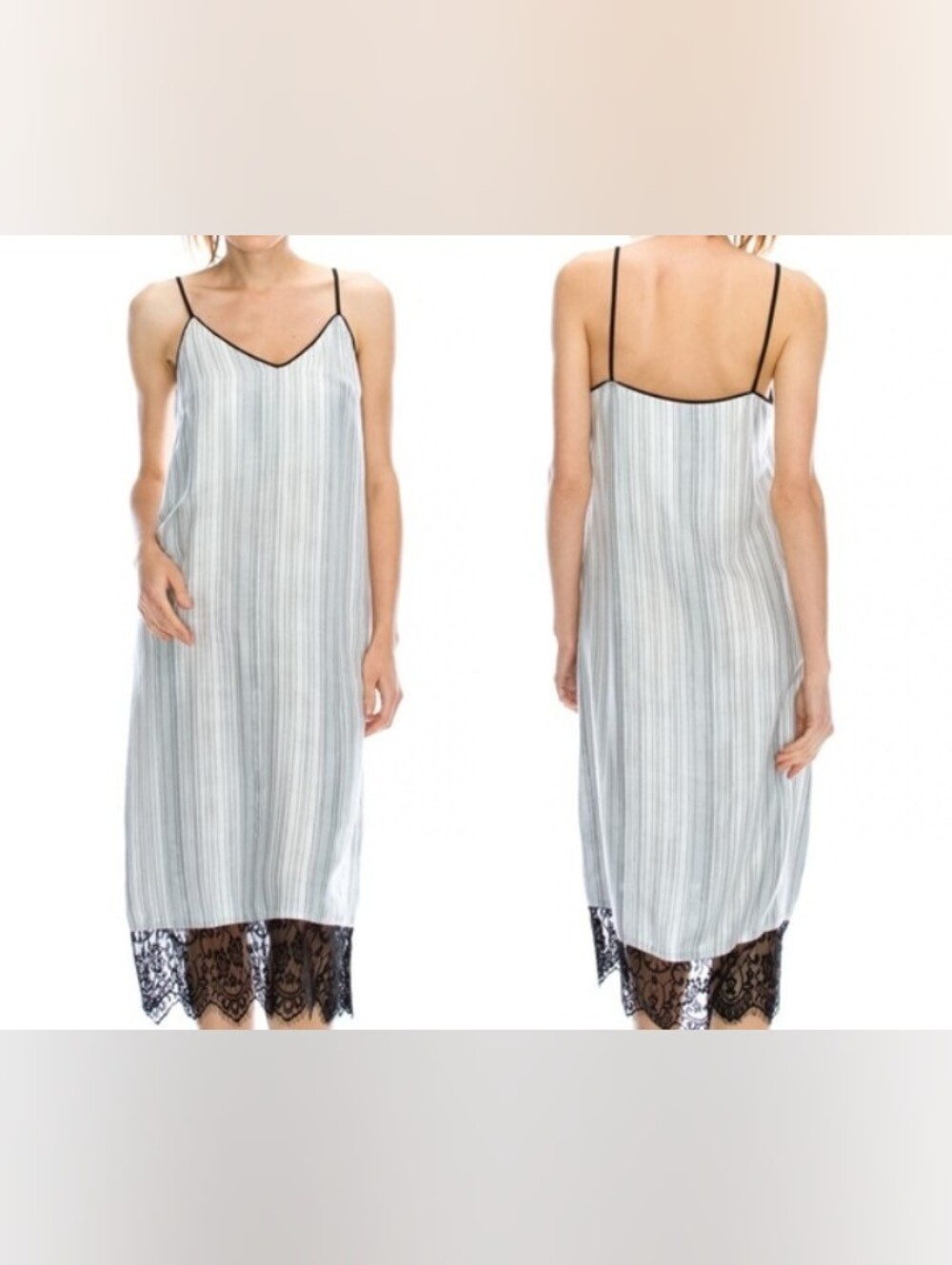 Cottagecore Striped Slip Dress with Black Lace Trim - White/Gray
